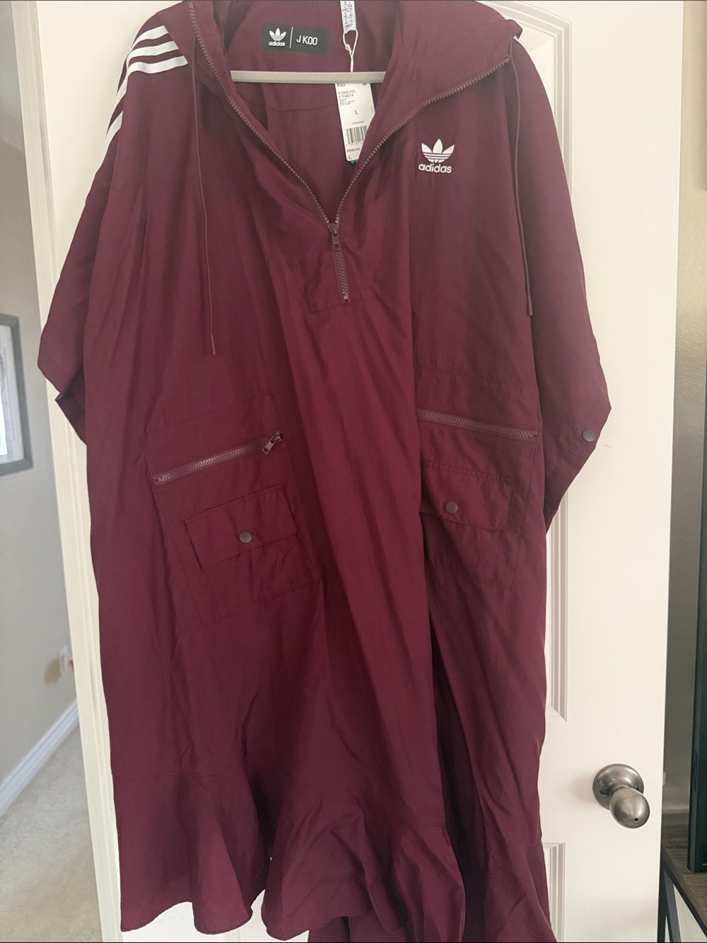 adidas J KOO Maroon Hooded Rain Poncho with Three-Stripe Detail